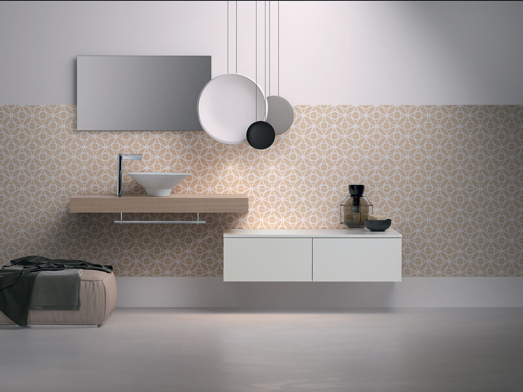 A contemporary bathroom with a vessel basin on a timber shelf and wall-hung furniture